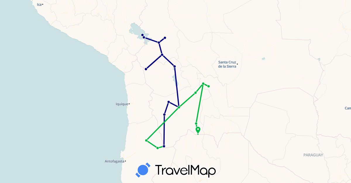TravelMap itinerary: driving, bus in Bolivia, Chile (South America)